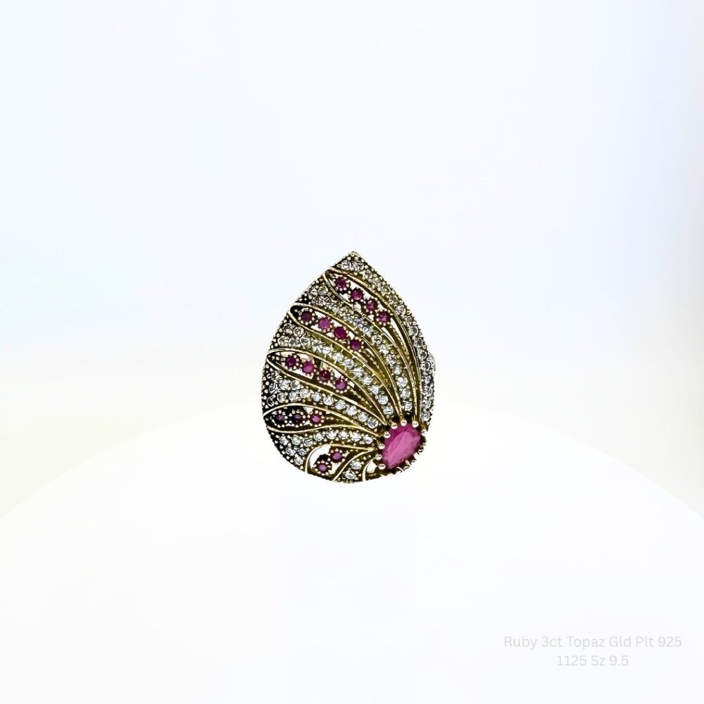 Handmade Jewelry Ruby Statement Ring Gold Plated 925 Silver Size 9.5 Resizable